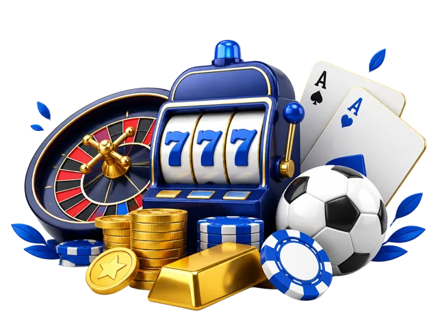 Illustration med slotmaskin, roulette, spelkort, chips, mynt och fotboll